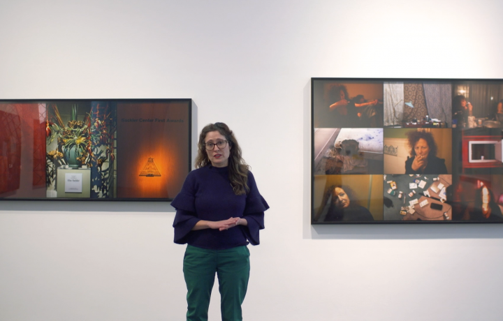 Image of Miranda Lash standing in a gallery wearing a navy blue sweater with forest green pants. She stands in between two rectangular artworks by artist Nan Goldin. 