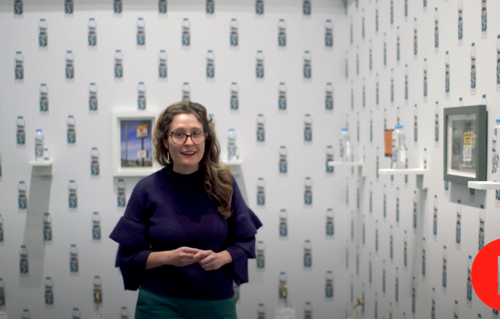 Image of Miranda Lash standing in a gallery wearing a navy blue sweater. The wall behind her and to her left are covered in wallpaper with repeated images of bottled water. Five bottles of water on small shelves and three framed images are also displayed on the walls.
