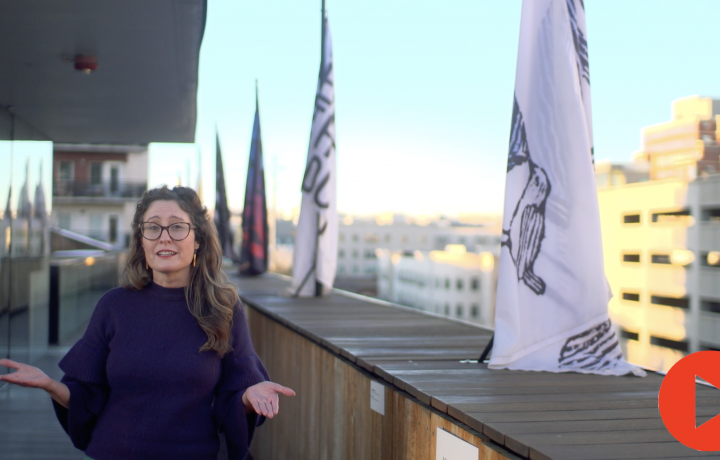 Image of Miranda Lash standing on the rooftop patio of MCA wearing a navy blue sweater. She stands to the left with flags to the right and receding behind her. Each flag has a unique design and is on a pole. Buildings are seen in the distance. A red play button is in the bottom right.