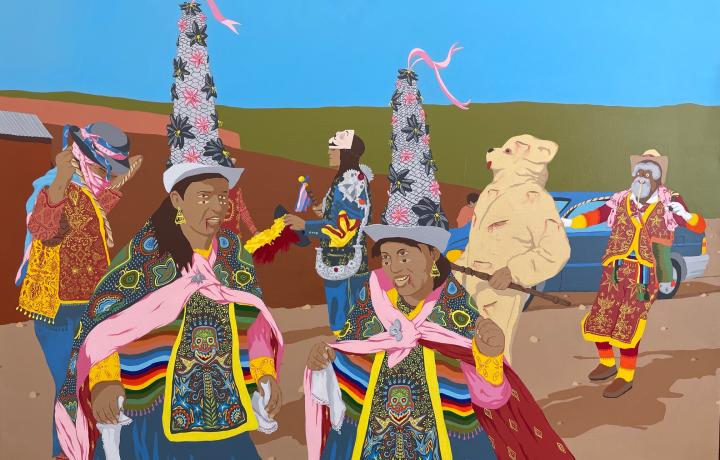 Latex acrylic on canvas work by artist Eamon Ore-Giron. The work depicts a vibrant, festive scene of people adorned in colorful patterned outfits. There’s one individual dressed in a bear costume. Behind them is a green landscape and flat blue sky. 