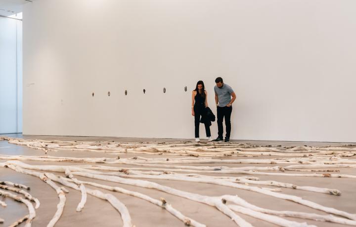 Two visitors looking down at a large plastered tree sprawled out on the ground in a gallery with white walls and dark flooring.