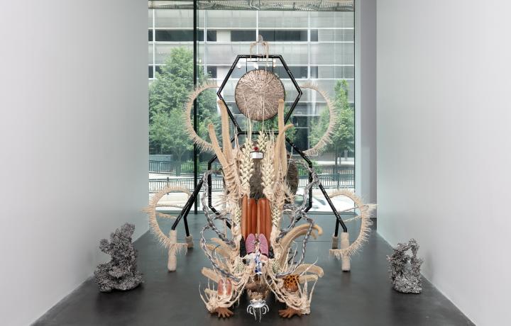  A large sculpture composed of various materials: Gong, steel, wood, cotton, glue mixture, plastic, loofah, and objects collected from a ritual of retracing the artist's original migration route. The sculpture is in a gallery space with white walls and dark flooring.