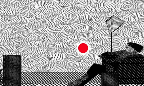 Black and white pen drawing of a person sitting in a couch watching tv. The background is black and white abstract pattern with a red circle depicting the sun