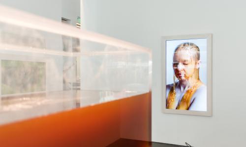 Installation shot. In the foregound is a large tank of deep amber honey. In the background is a vertically hung TV with an image of honey dripping over a woman. 