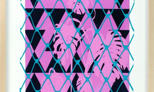 A painting titled Frontera No. 1 by Jaime Carrejo. A cyan chain link fence lies across hot pink monstera ferns. Black and hot pink triangles make up the background. 