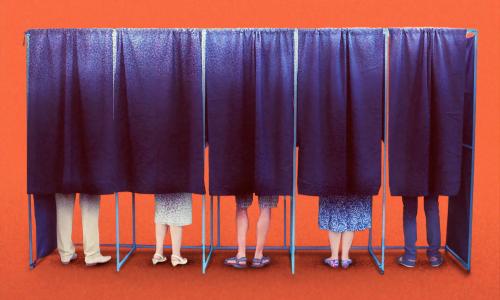 Digital graphic of people in voting booths with indigo drapes providing privacy. They are situated in a blank orange room where the floors and walls are only distinguishable by the shadows of the voters.