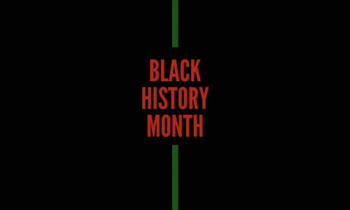 black background with green stripes in the middle. Middle text reads Black History Month in red