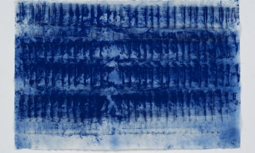 Work on paper featuring rich blue pigment. The shapes in the works resemble that of piano keys.