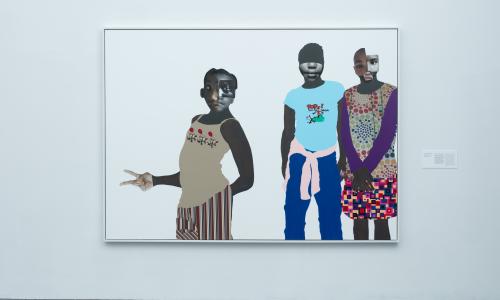 Gallery featuring a collage work. The work features three Black children in a void of white. One of them is holding up a peace sign. 
