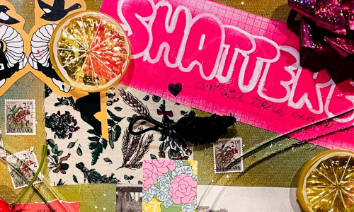 Collage featuring different materials: little toy mice, magazine clippings, postage, lemon slices, cherries, a bow, and a graph that has text on it that reads, “Shattered”.