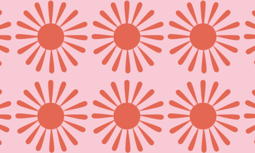 Red illustrated flowers over a pink background.