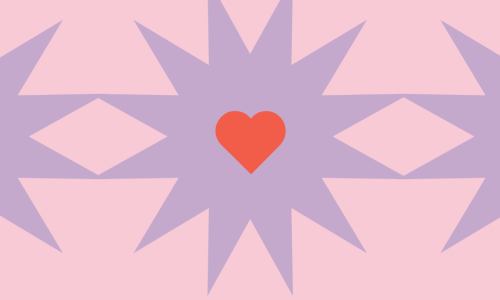 Red hearts inside purple star-like shapes on a pink background.