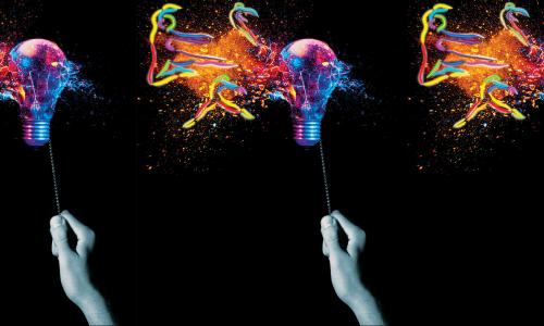 Hand turning on a lightbulb that is exploding with color and graphic illustrations of dancers.