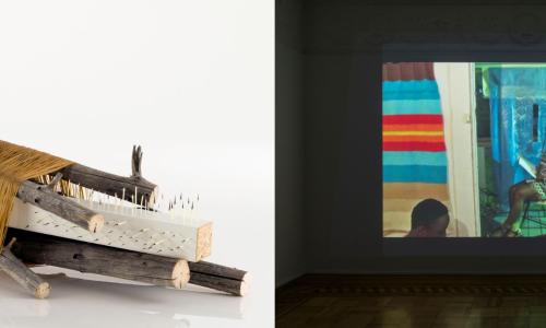 Two images. The one on the left is of an art installation photographed on a reflective white background. The work consists of logs fastened together around a piece of wood. The photo on the right is a still from a video. The content in the video looks like a collage, showing a figure reading and clippings of photographs surrounding them. 