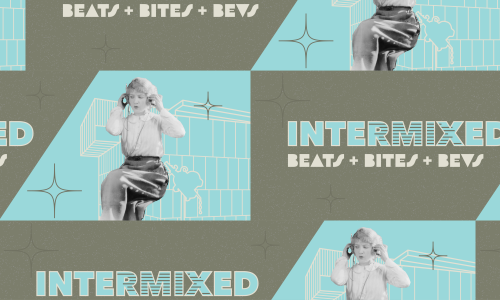 Patterned background that shows a figure listening to music and reads"Intermixed"