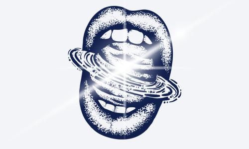 Blue graphic with planet inside an open mouth.