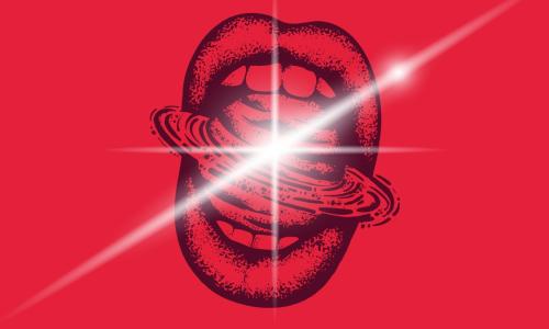 Red graphic with planet inside an open mouth.