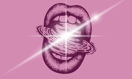 Pinkish purple graphic with planet inside an open mouth.