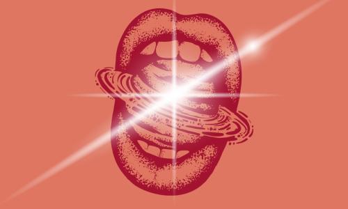 Peach colored graphic with planet inside an open mouth.