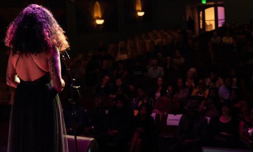 Performer on a stage with their back facing the camera.