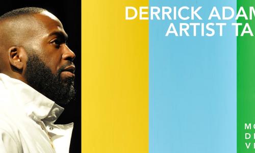 Portrait of Derrick Adams from the side. He has a beard and wears a white shirt. Text reads DERRICK ADAMS ARTIST TALK. 